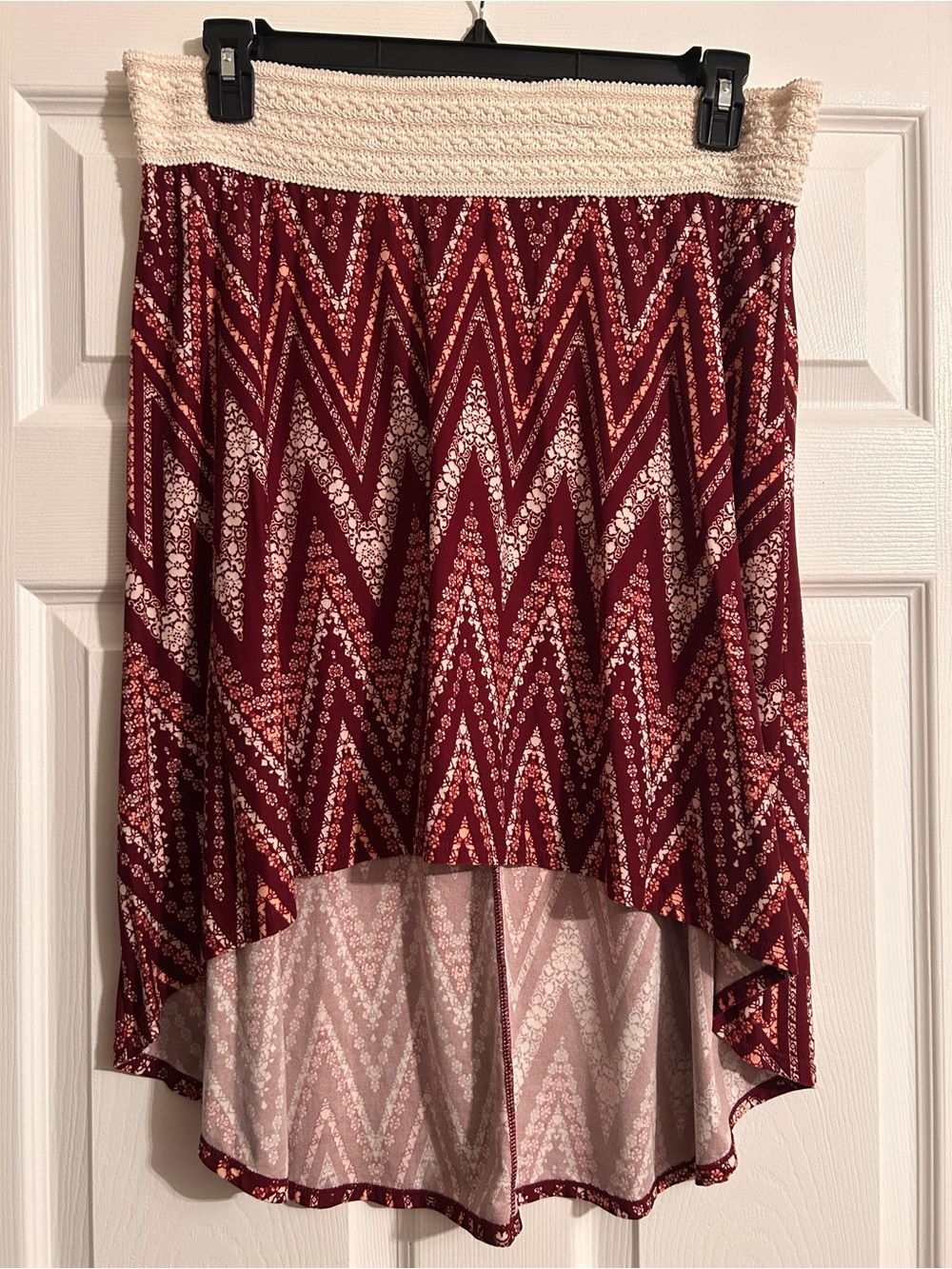 No Boundaries Maroon Chevron High-Low Skirt with Crochet Waistband